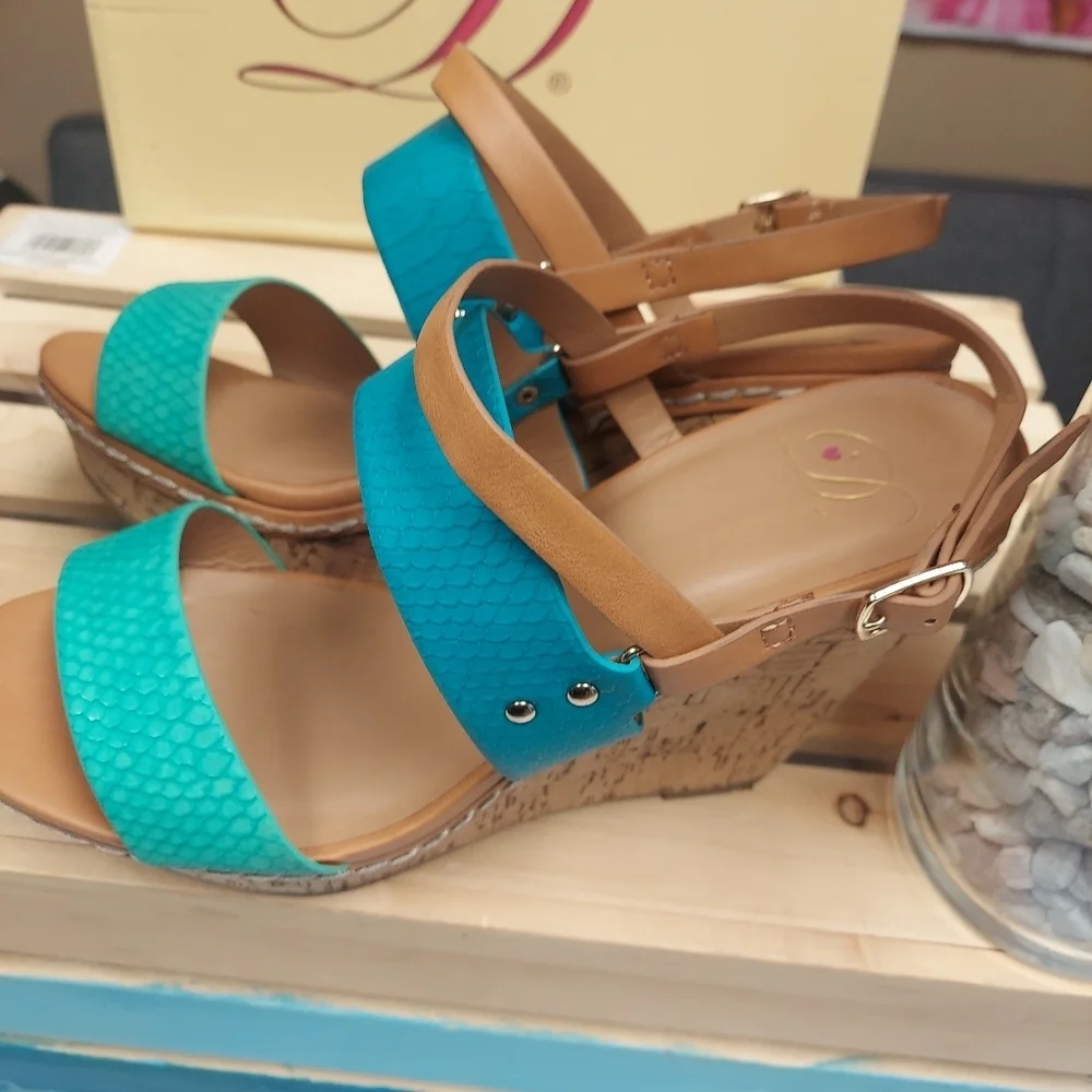 My Delicious Shoes Women's Loren-S Aqua Teal Wedge Sandals Size 10 Used Once